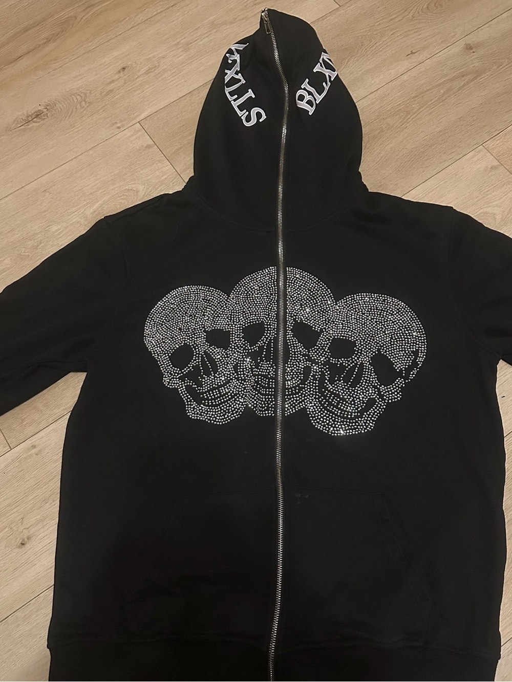 Black Zip Hoodie with Rhinestone Skull Design